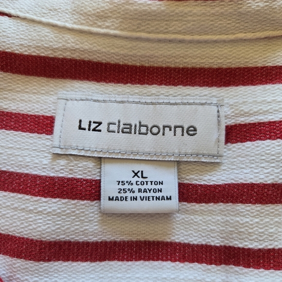 3/$25 Liz Claiborne Striped Summer Coastal Button Down Red White XL Shirt Beach - Picture 8 of 10